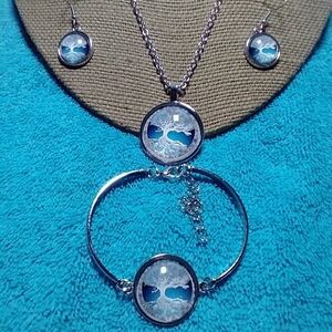 Silvertone tree of life white blue necklace bracelet earrings set